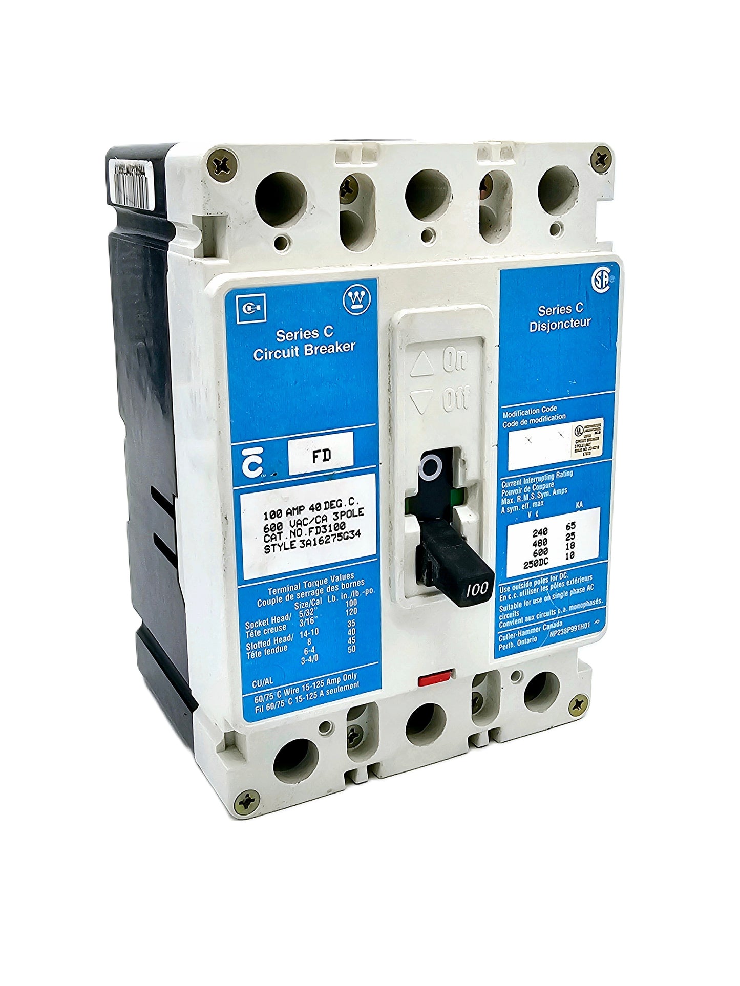 Cutler-Hammer FD3100 (Series C) Circuit Breaker 3-Pole 100Amps  600 VAC / 250 VDC Bolt-On