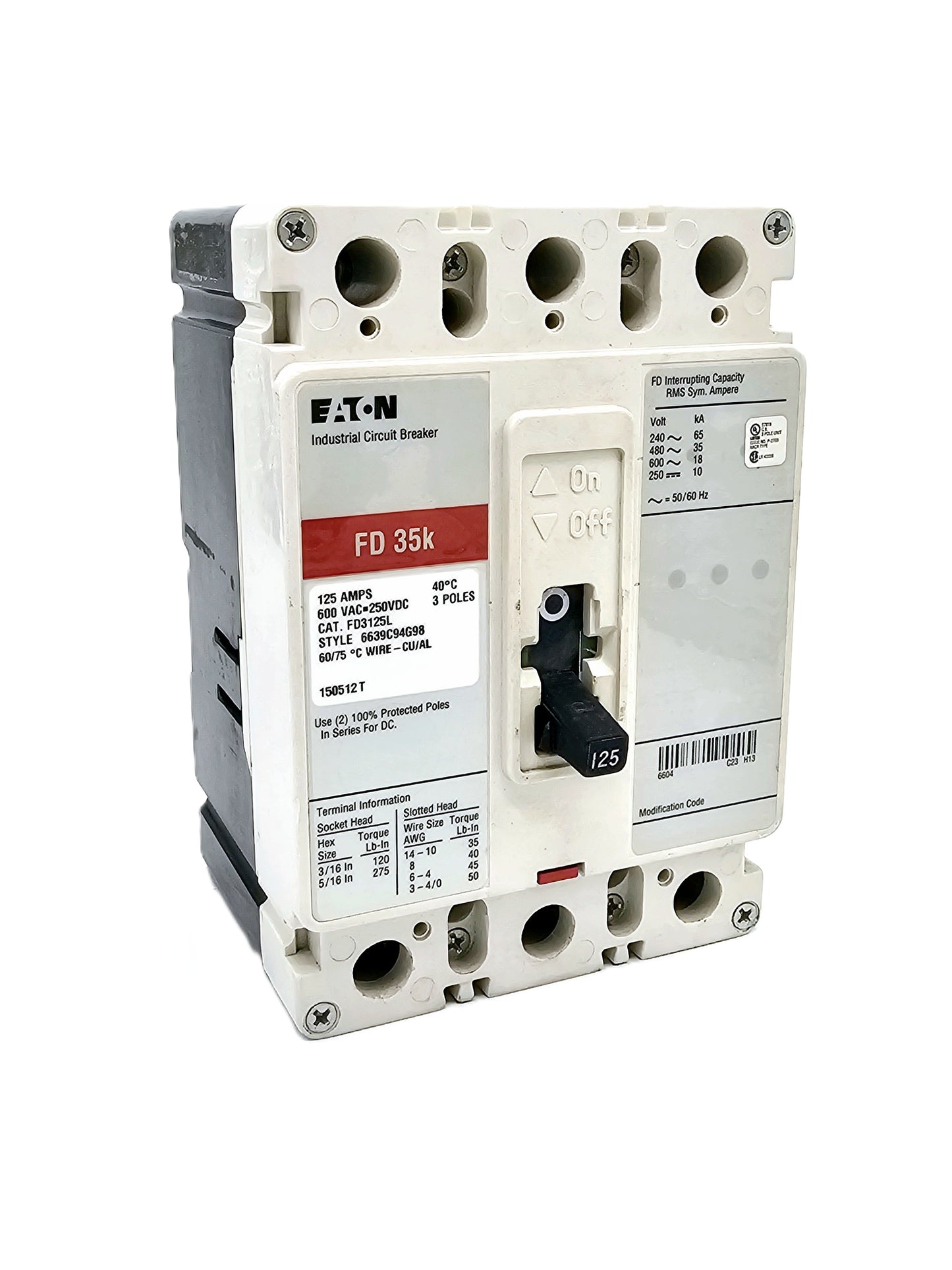 Eaton FD3125L – FD 35k Industrial Circuit Breaker 125 Amp, 3-pole 125Amps 600 VAC / 250 VDC Bolt-On