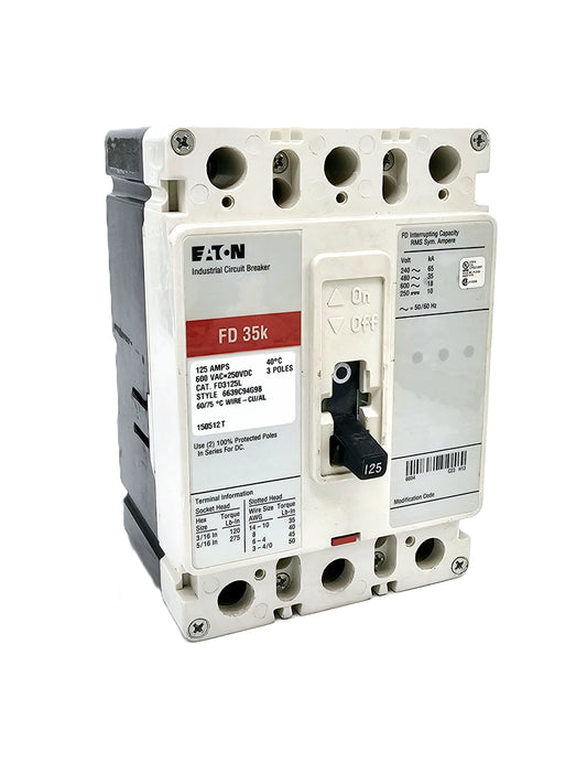 Eaton FD3125L – FD 35k Industrial Circuit Breaker 125 Amp, 3-pole 125Amps 600 VAC / 250 VDC Bolt-On