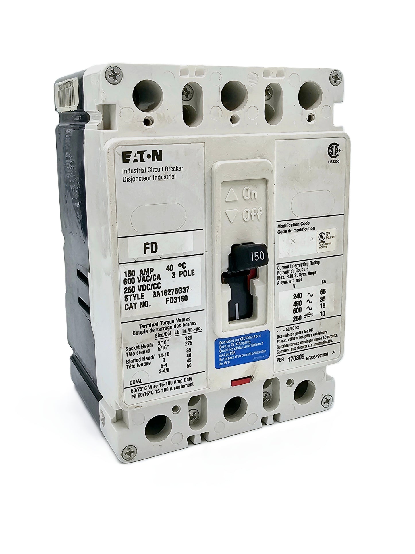 Eaton FD3150 Industrial Circuit Breaker 150 Amp, 3-pole 600 VAC / 250 VDC Bolt-On