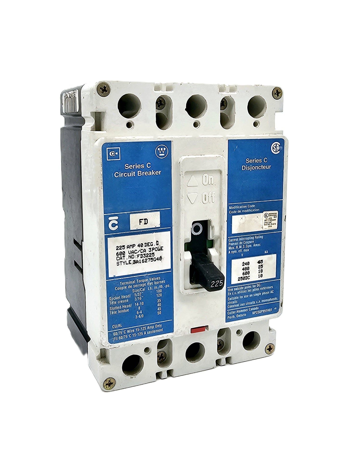 Cutler-Hammer FD3225 Series C Circuit Breaker 3-pole, 225 Amp 600 VAC / 250 VDC Bolt-On