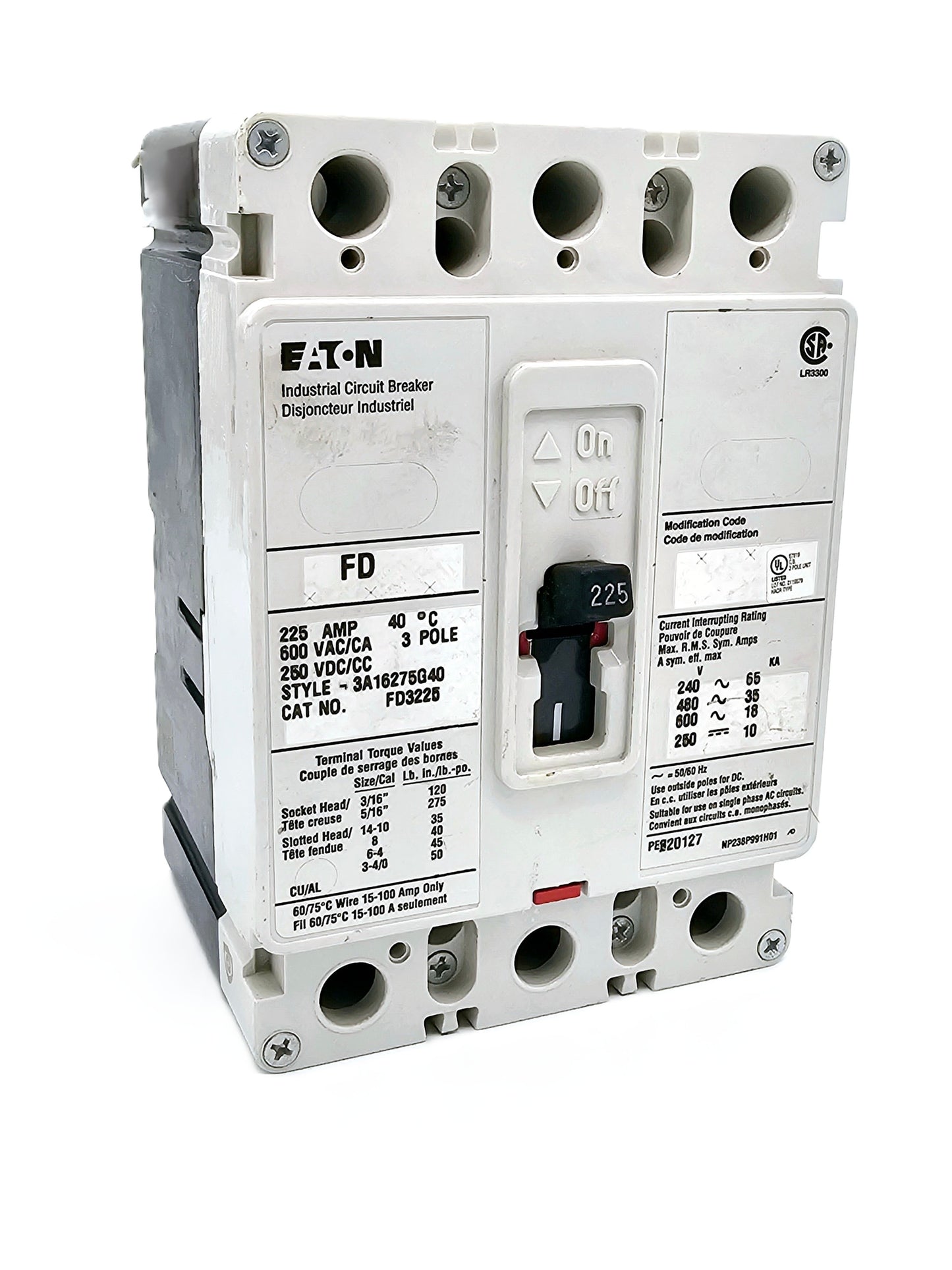 Eaton FD3225 Series C Industrial Circuit Breaker 225Amps 3-Pole 600VAC/250VDC Bolt-On