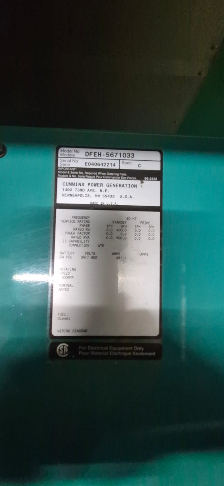 2004 Cummins Diesel Generator