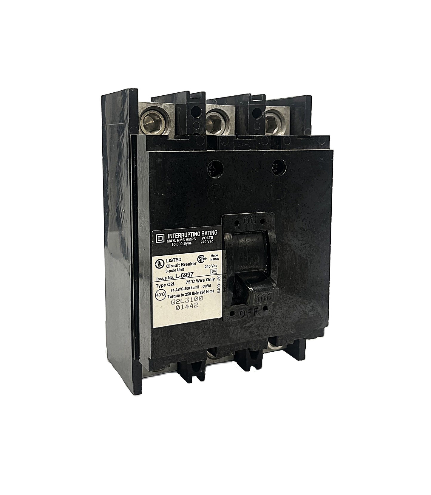 Square D Q2L3100 Circuit Breaker 3-Pole, 100 Amp, 240V AC, Thermal Magnetic, Q2 Frame
