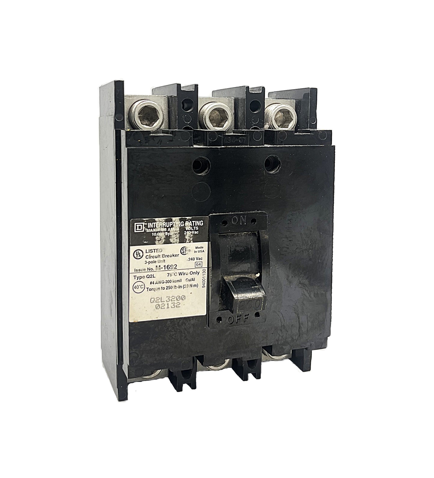Square D Q2L3200 Circuit Breaker 3-Pole, 200 Amp, 240V AC, Thermal Magnetic, Q2 Frame)