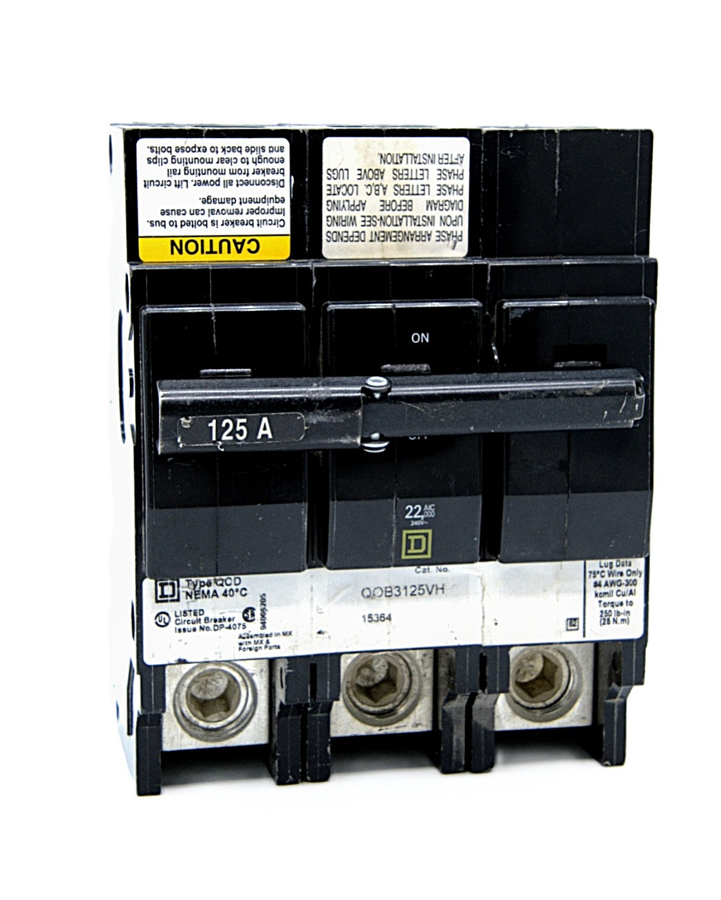 Square D QOB3125VH Three-Pole Circuit Breaker 125 Amps 240V AC 22 kA Bolt-On