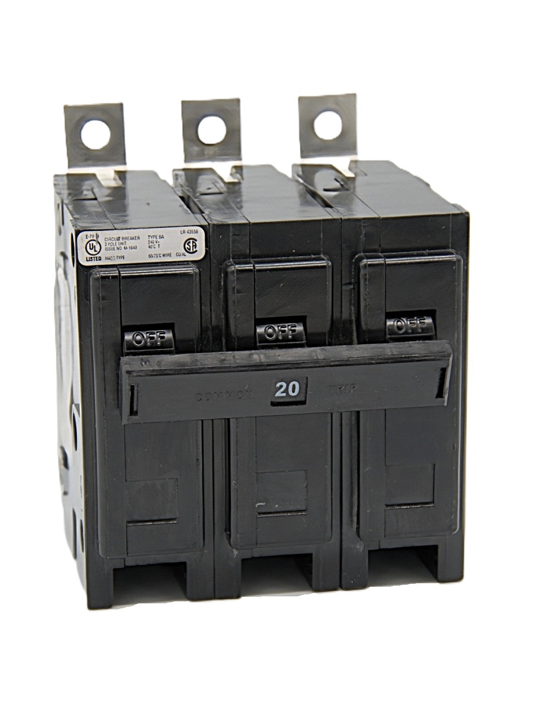 Eaton Type BAB3020 3-pole 20A circuit breaker 20A  240V AC Bolt-On 10,000 Amps 10 kA