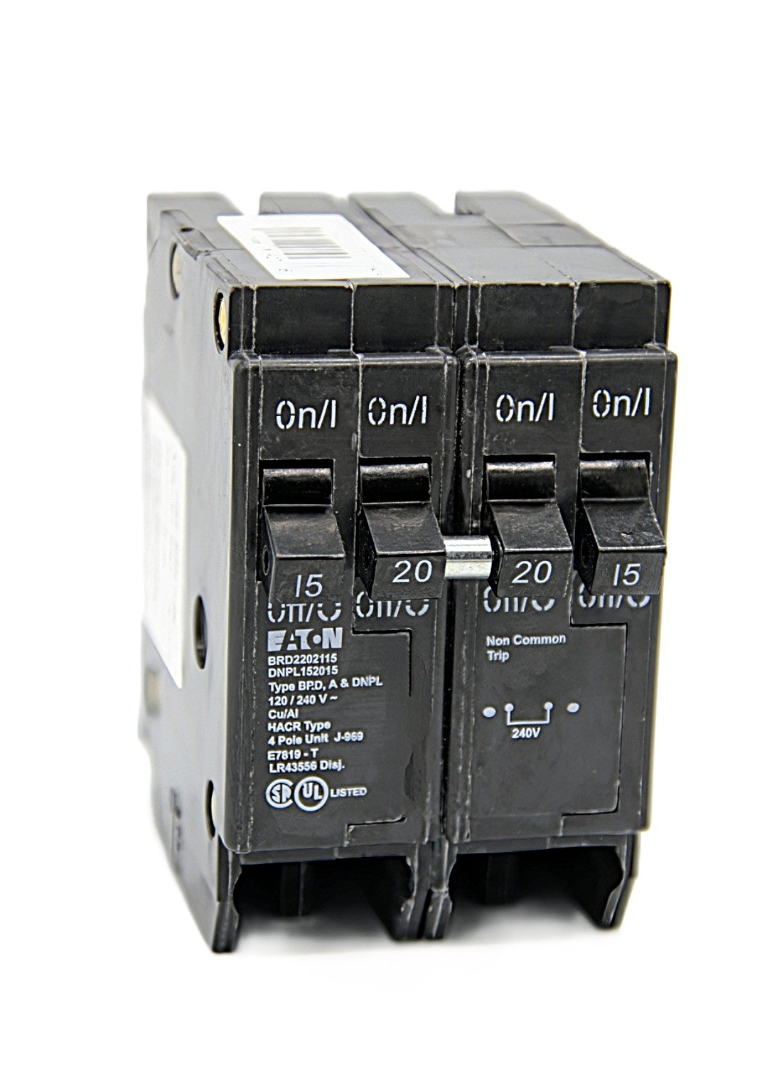 Eaton Type DNPL215220 4-Pole Two poles at 15 Amps & Two poles at 20 Amps Circuit Breaker Push-On