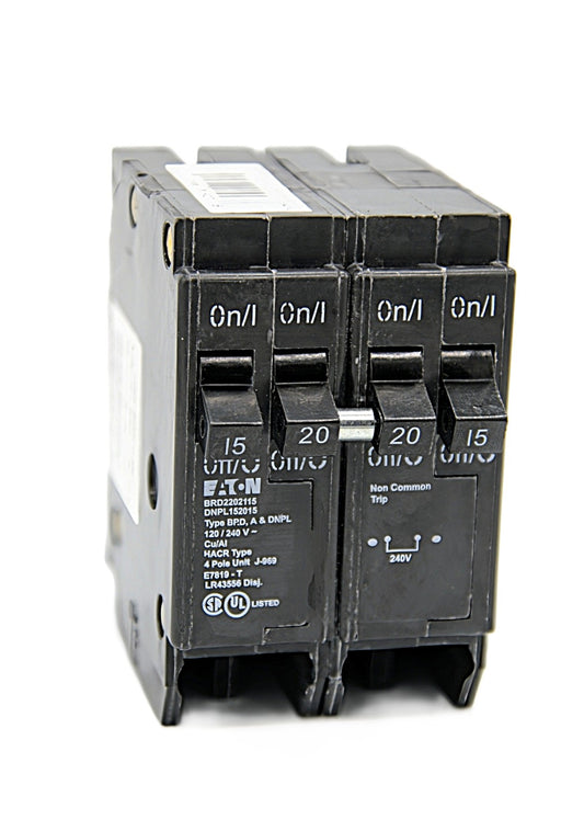 Eaton Type DNPL215220 4-Pole Two poles at 15 Amps & Two poles at 20 Amps Circuit Breaker Push-On