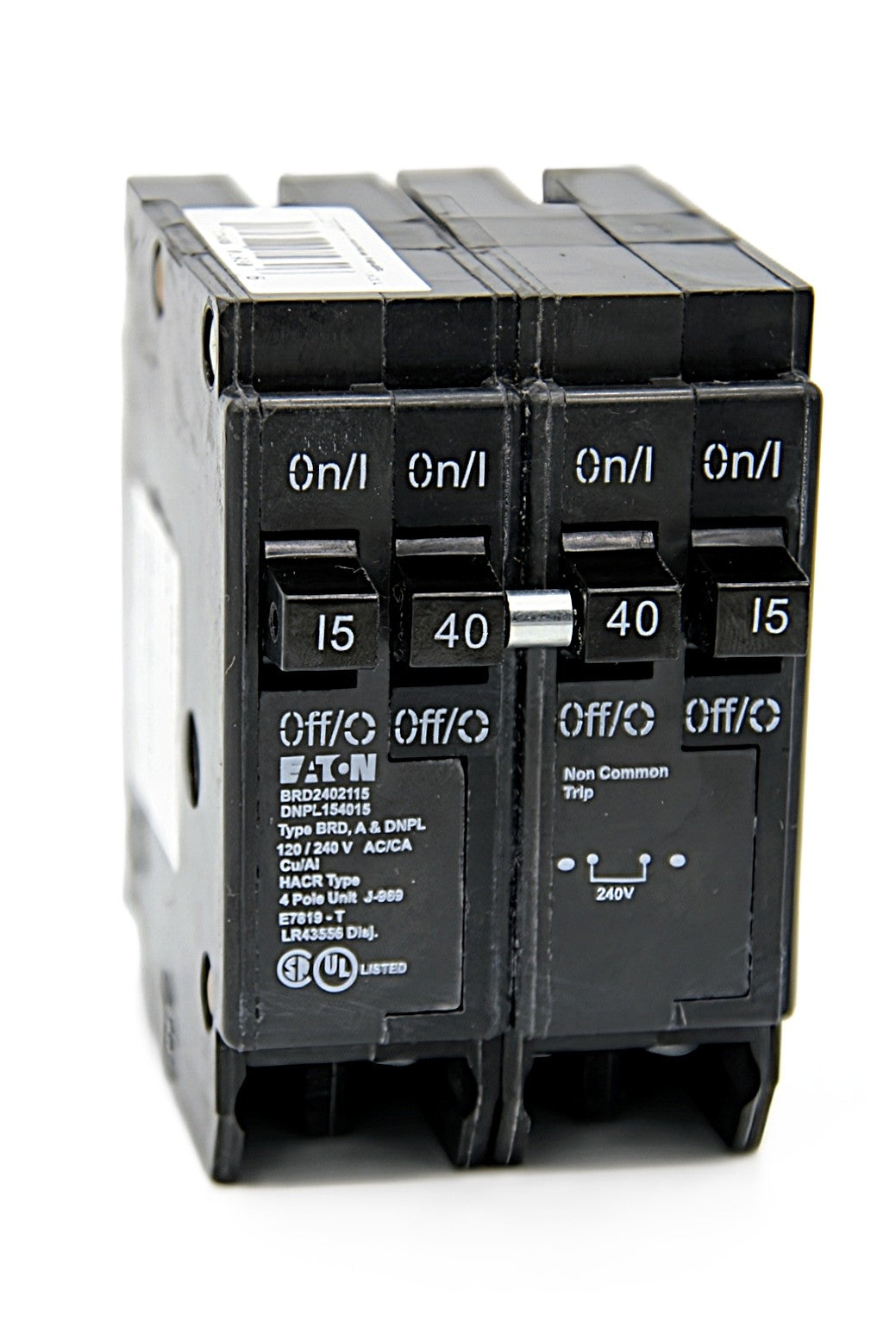 Eaton DNPL154015 Series 4-Pole Circuit Breaker Outside: 15 Amps  Inside: 2 pole 40 Amps 120/240V AC Push-On