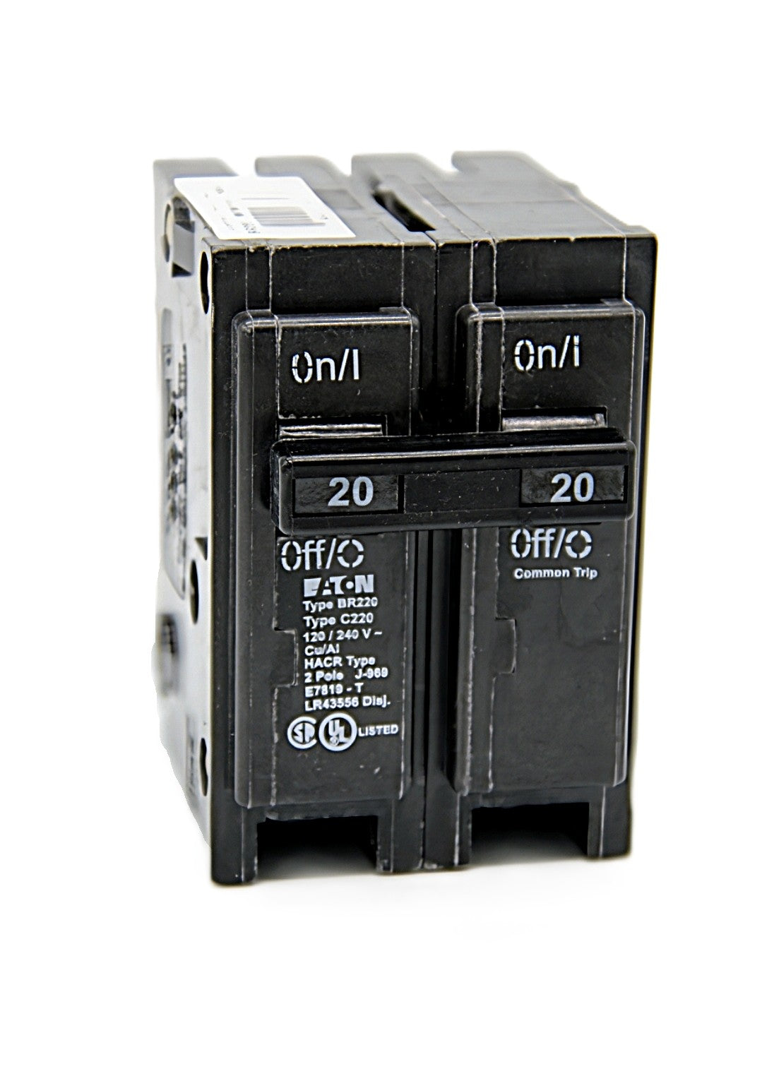 Eaton BR Series 2-Pole Circuit Breaker BR220 20 Amps on both poles 120/240V AC 10,000 AIC Push-On