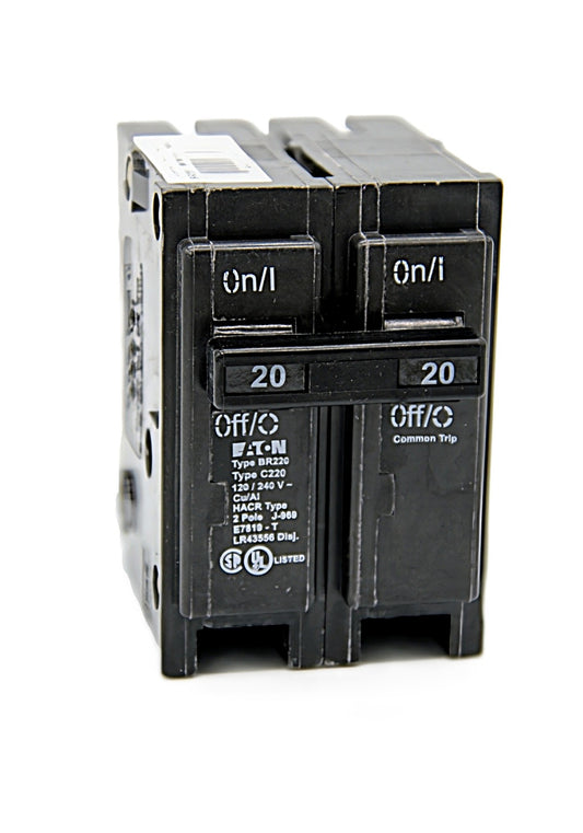 Eaton BR Series 2-Pole Circuit Breaker BR220 20 Amps on both poles 120/240V AC 10,000 AIC Push-On