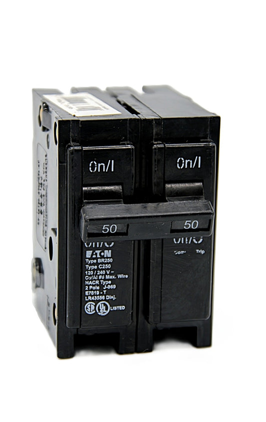 Eaton BR250 Series 2-Pole Circuit Breaker  50 Amps on both poles 120/240V AC 10,000 AIC Push-On