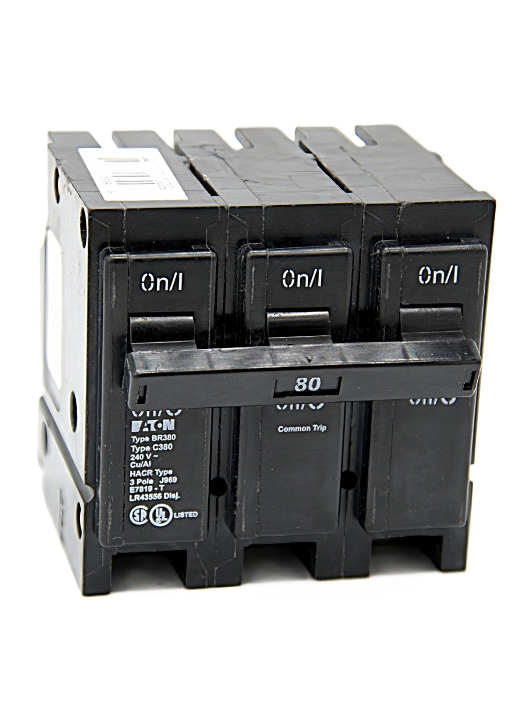 Eaton BR380 3-Pole Circuit Breaker 80 Amps on all three poles 240V AC 10,000 AIC Push-On