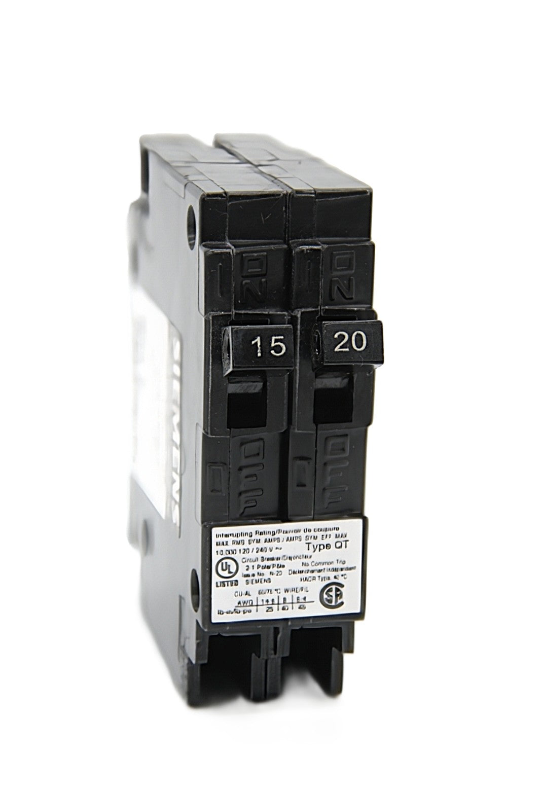 Siemens QT1515 Circuit Breaker 2-Pole 15 Amps and 20 Amps 120/240V AC Push-On