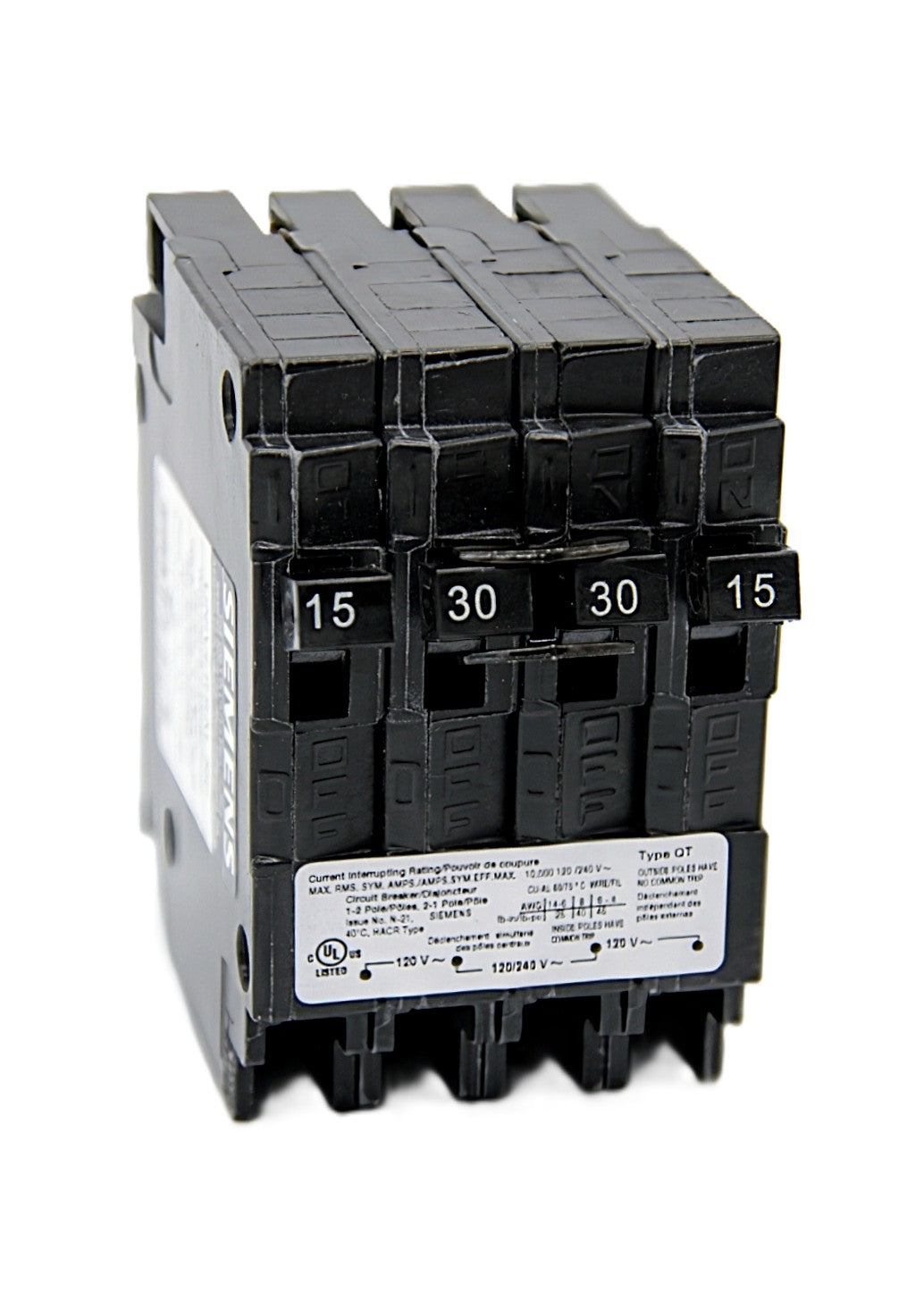 Siemens Q21530CTNC Circuit Breaker 4-Pole 15 Amps 2 poles &  30 Amps 2 poles 120/240V AC Push-On